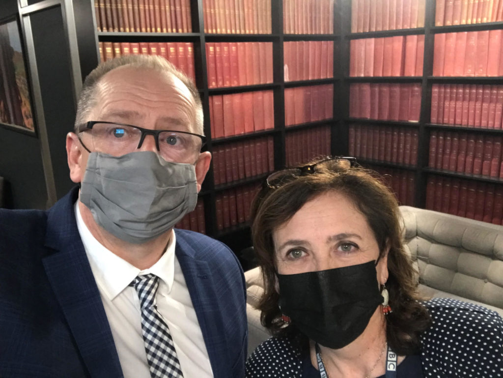 Damian Cull with Edith Hughes, Head of Archives, BBC Cymru Wales, in front of the complete archive of The Radio Times dating back to 1923
